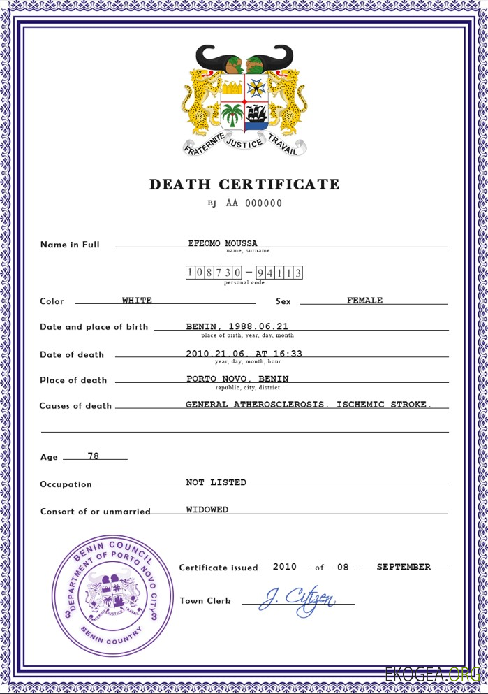 Modèle PSD de certificat de décès de l'état civil du Bénin